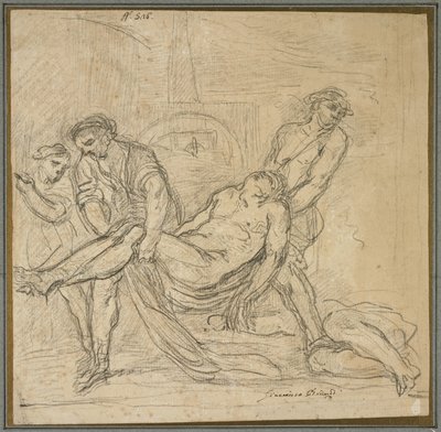 Szent Abdon és Szent Sennen eltemetik a keresztény mártírokat, 1653-1657 körül (fekete kréta papíron) alkotó: Il Borgognone